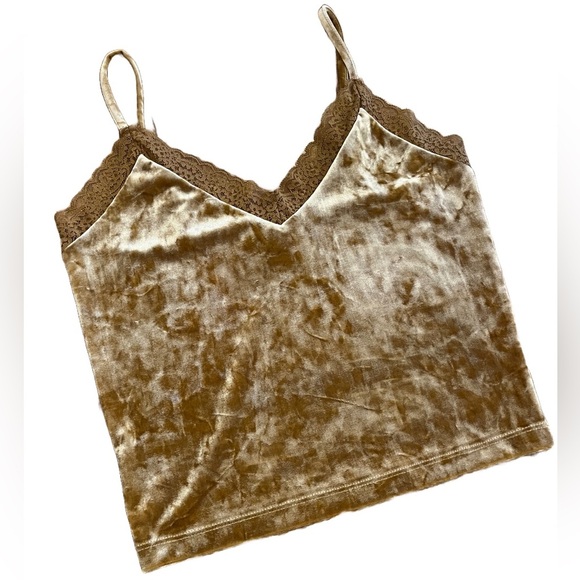 Forever 21 | Y2K Gold Crushed Velvet Lace Trim Cami Tank Top Medium - Picture 1 of 11